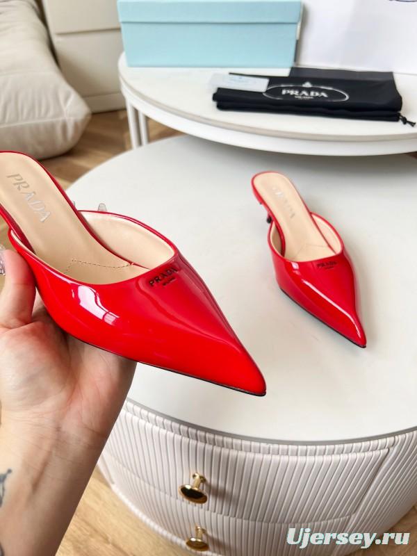 2025 Women Prada Red Patent Leather High Heel Mules LY