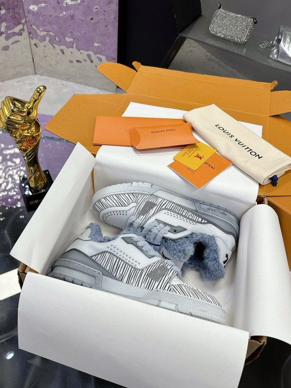 2024 Women Louis Vuitton White Grey Leather Fur Sneakers
