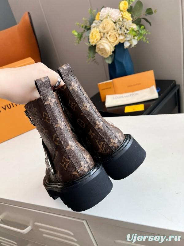 2024 Women Louis Vuitton Brown Black Leather Ankle Boots MJ00310