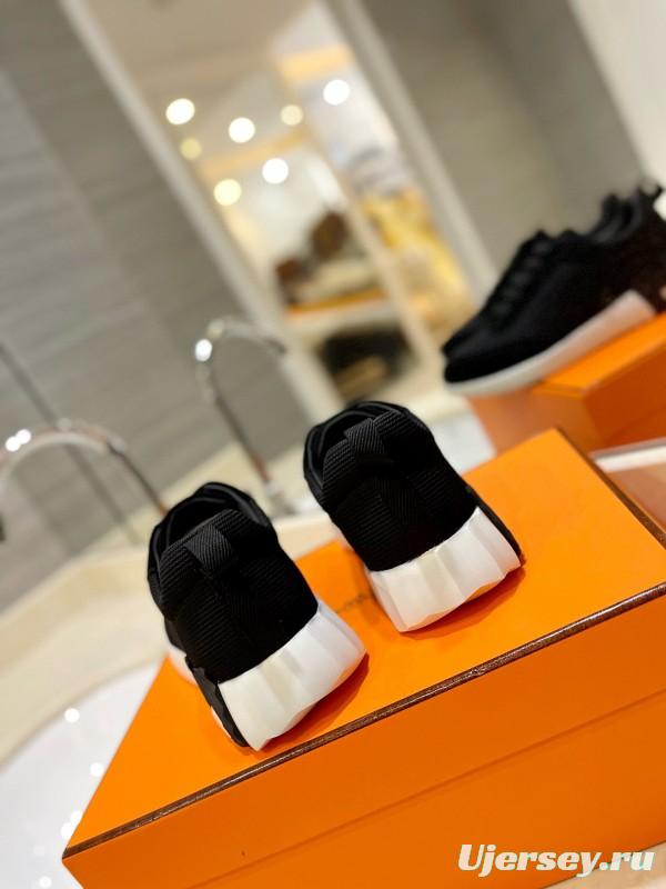 2024 Unisex Hermès Black Imported Silk Calfskin Raincloth Casual Sneakers MJ00320