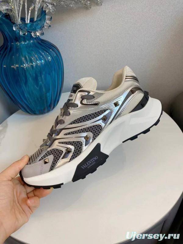 2024 Unisex Valentino White Black Grey Mesh Leather Sneakers MJ00410
