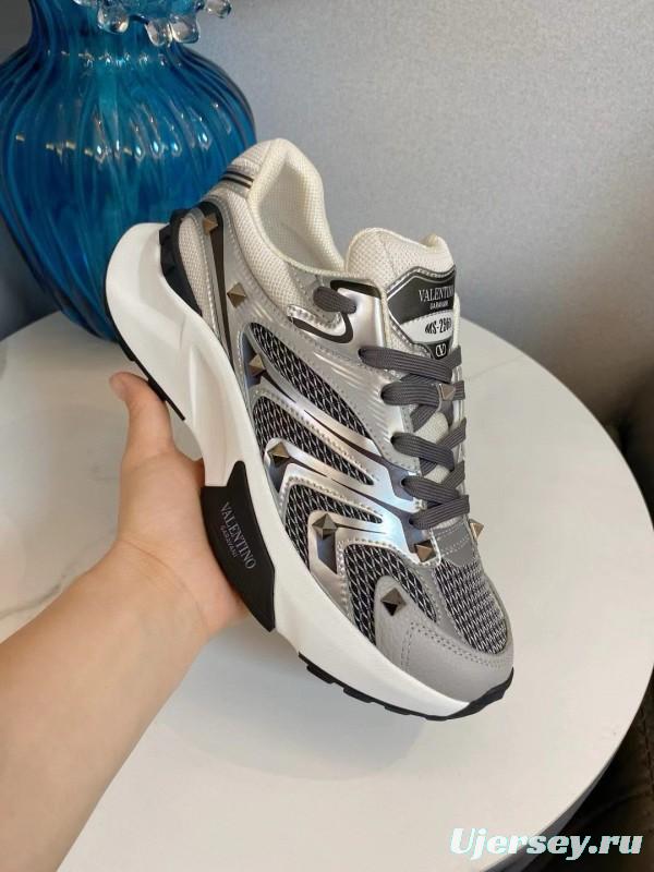 2024 Unisex Valentino White Black Grey Mesh Leather Sneakers MJ00410