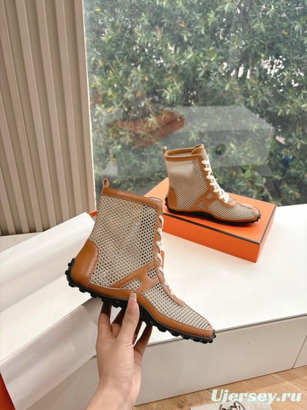 2025 Women Hermès Beige Brown Leather Mesh Boots