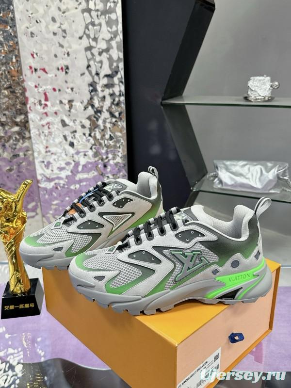 2025 Men Louis Vuitton Green Grey Mesh Leather Sneakers MJ00420