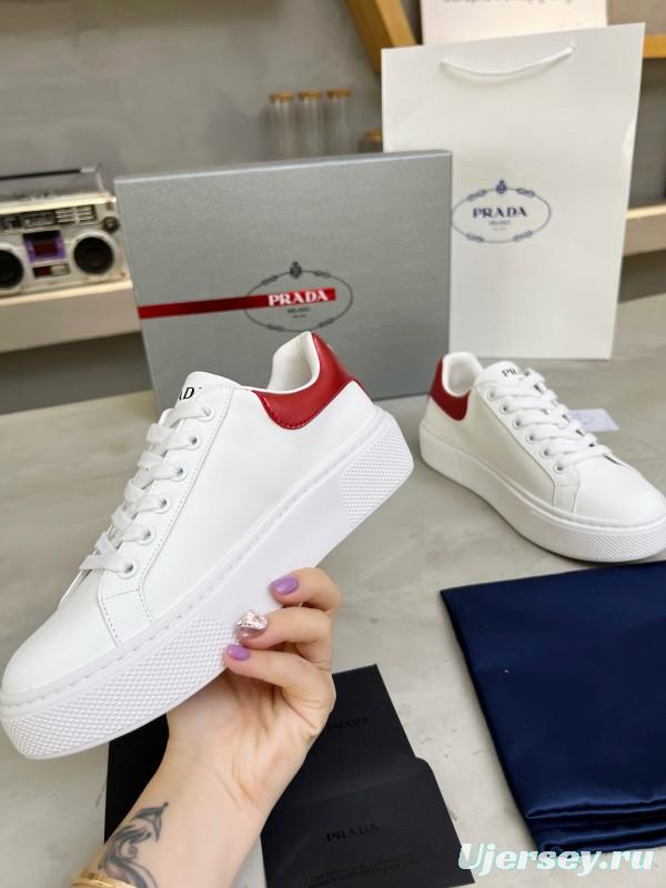 2024 Unisex Prada White Red Calfskin Silk Thick Sole Sneakers MJ00310