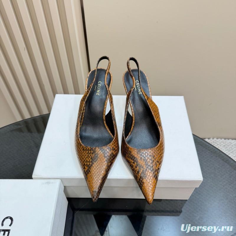 2025 Women Celine Brown Snakeskin Leather Slingback Heels