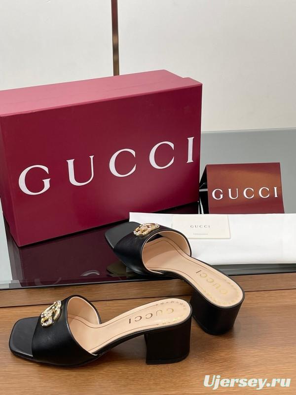 2025 Women Gucci Black Leather Slippers Crystal GG Buckle LY00280