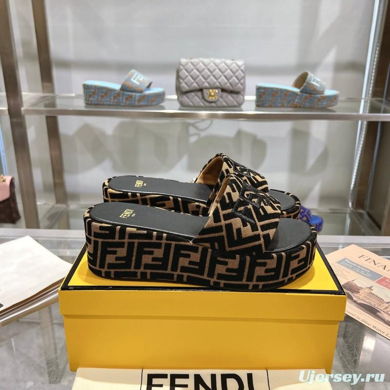 2025 Slippers Fendi Black Brown Canvas Platform FF Jacquard KFY00240