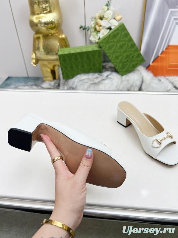 2025 Women Gucci White Leather Heeled Slippers MJ00180