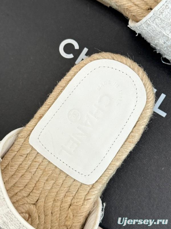2025/Women Chanel White Lace Espadrille Slide Sandals Handwoven Jute Sole KFY00240(F)