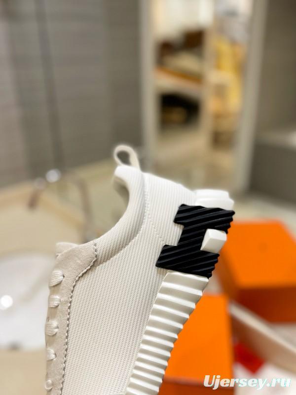 2024 Unisex Hermès White Black Imported Silk Lambskin Fabric Sneakers MJ00320