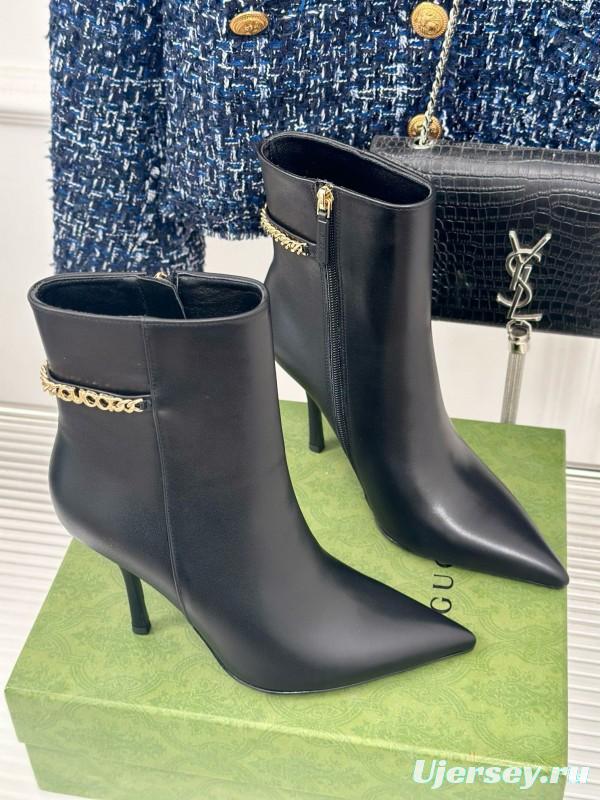 2024 Women Gucci Black Calfskin Leather Ankle Boots Chain MJ00410