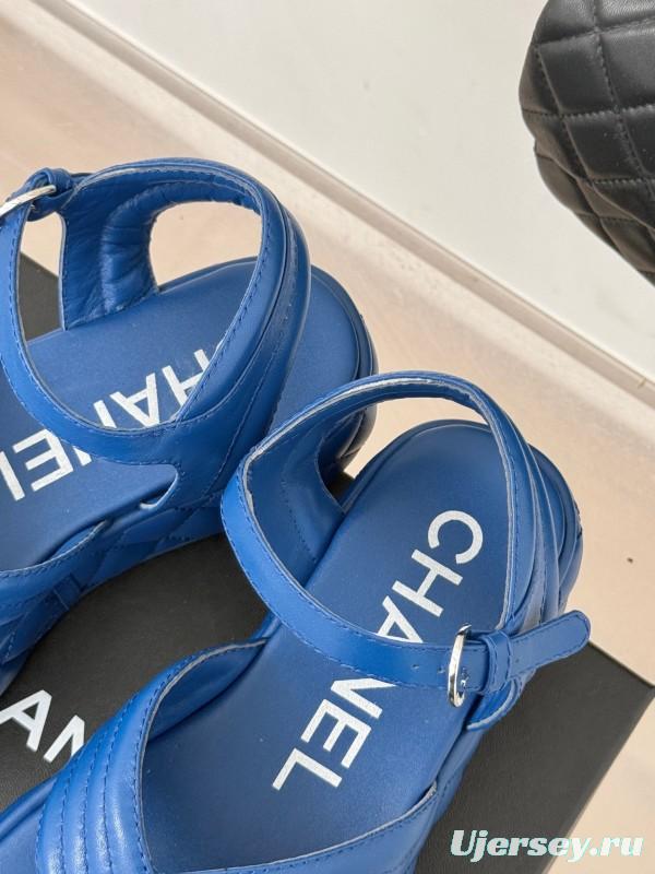 2025 Women Chanel Blue Leather Platform Sandals
