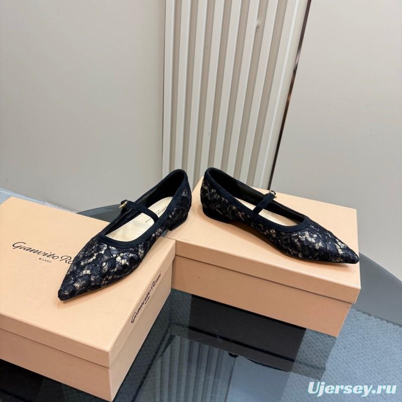 2025 Women Gianvito Rossi Black Lace Leather Mary Jane KFY00260