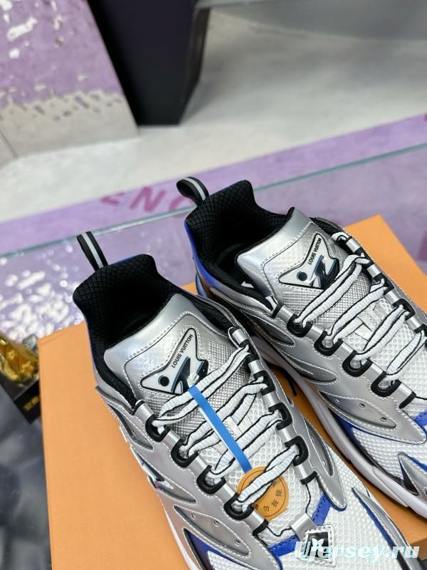 2025 Men Louis Vuitton White Blue Leather Mesh Sneakers MJ00420