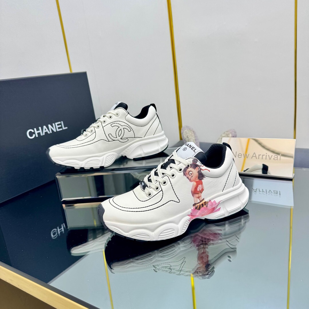 2025 Women Chanel White Leather Sneakers Nezha Pattern