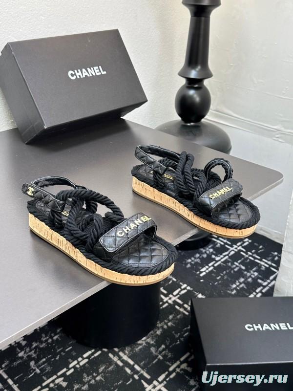 2025 Slippers Chanel Black Rope Leather Sandal LY00260