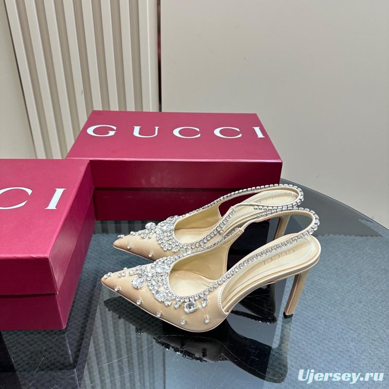 2025 Women Gucci Beige Silk Crystal Embellished Slingback Heels KFY00340