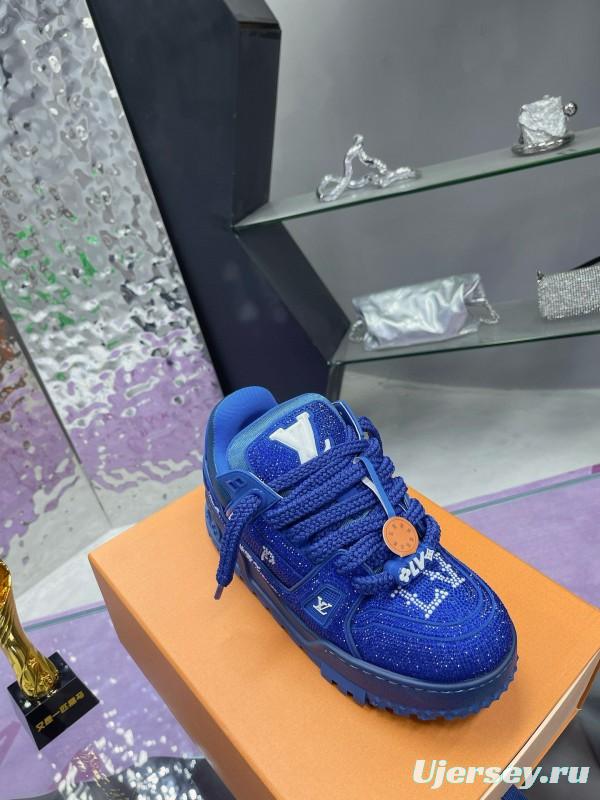 2024 Unisex Louis Vuitton Blue Rhinestone Trainer Sneakers Heat Pressing MJ00430