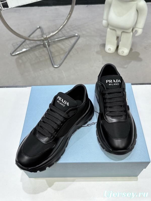 2025 Unisex Prada Black Leather Nylon Sneakers
