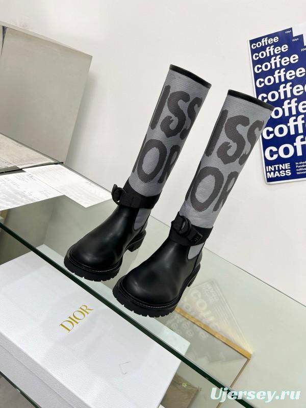 2024 Women Dior Black Grey Leather Fabric Knee High Boots