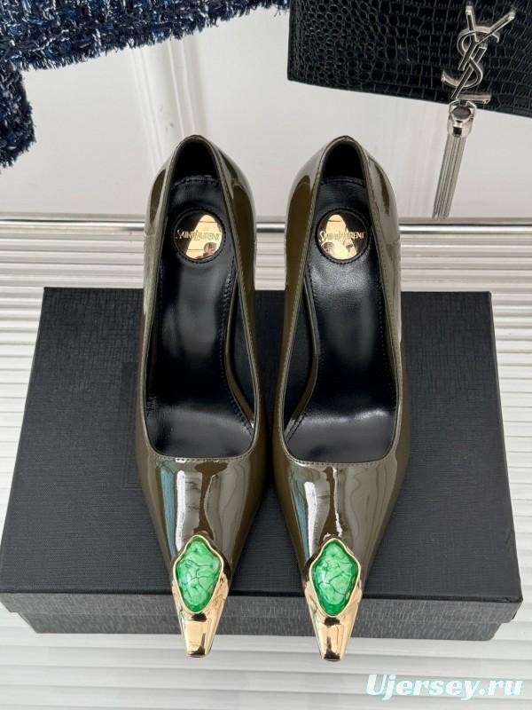 2024 Women Yves Saint Laurent Olive Green Patent Leather High Heel Gemstone MJ00330