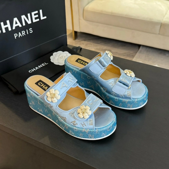 2025 Women Chanel Blue Denim Leather Platform Slippers LY00330