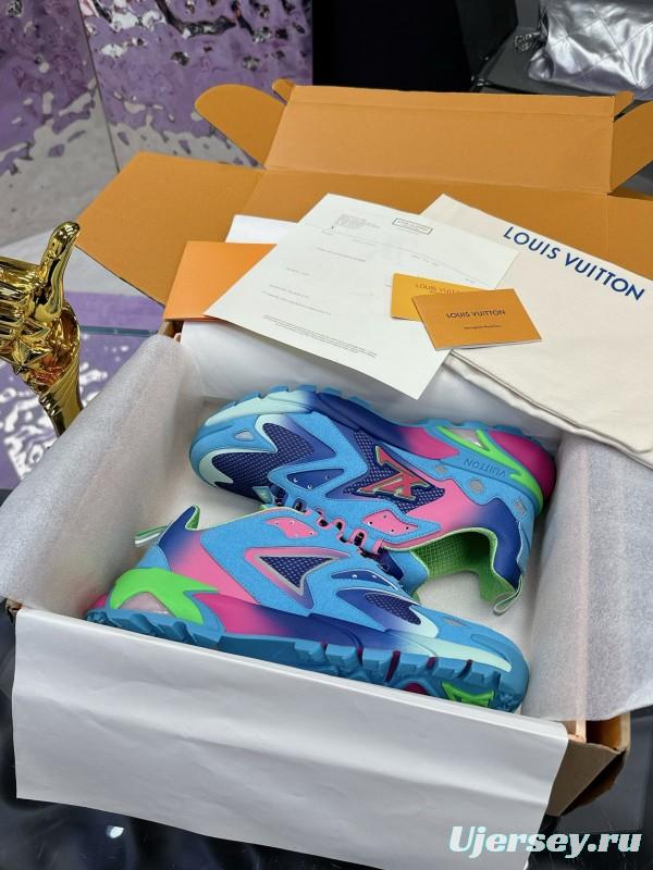 2025 Men Louis Vuitton Blue Pink Green Mesh Leather Sneakers MJ00420