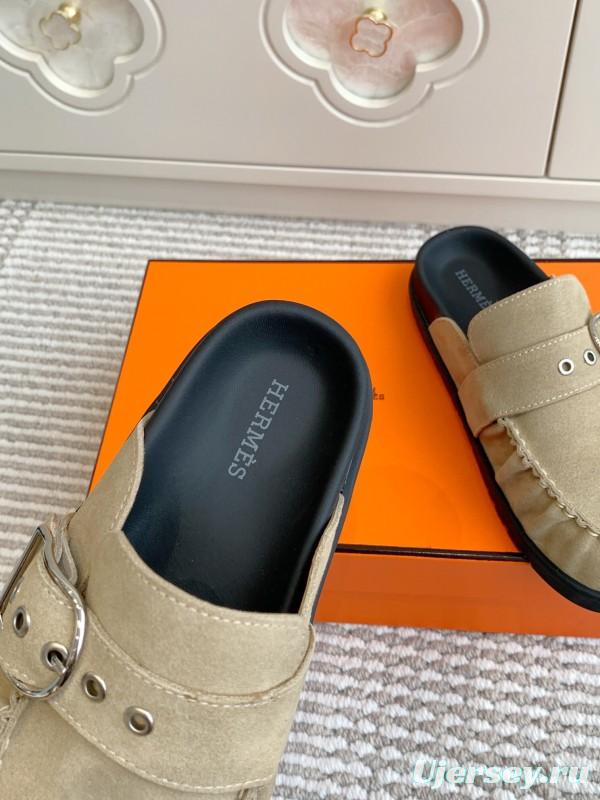 2025 Women Hermès Beige Suede Mule Loafers KFY00290
