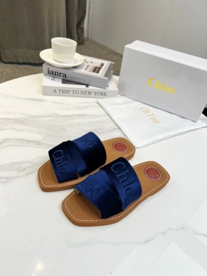 2025 Women Chloe Navy Velvet Slippers LY00200