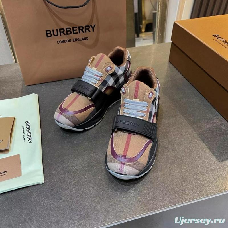2025 Unisex Burberry Beige Black White Cotton Calfskin Suede Sneakers Vintage Pattern MJ00360(F)