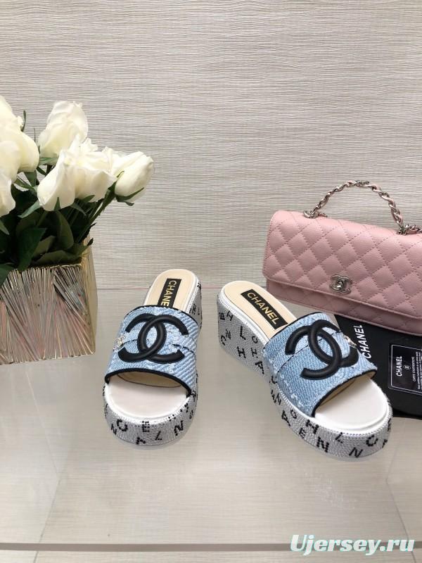 2025 Women Chanel Blue Denim Canvas Slippers LY00320
