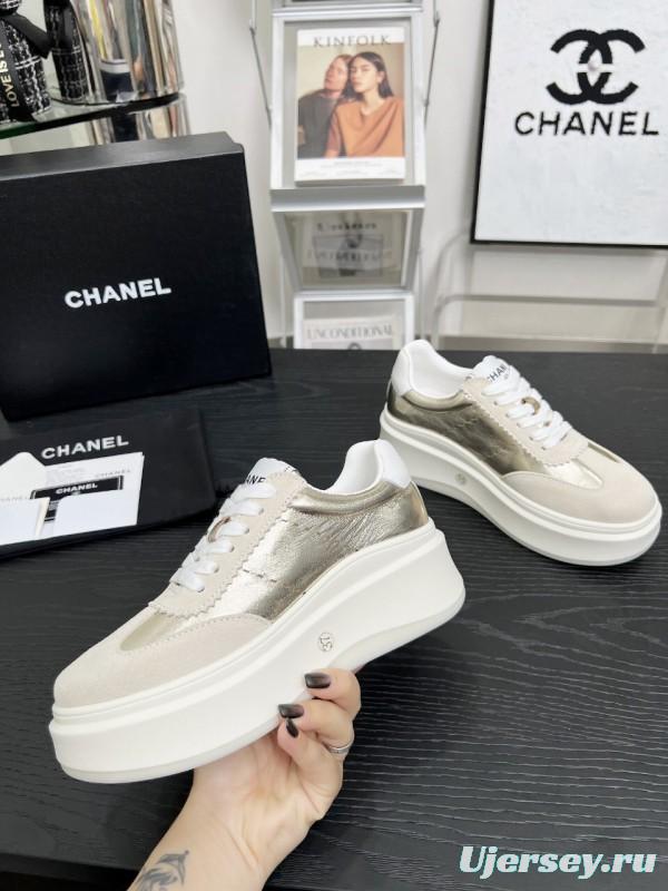 2025 Women Chanel Beige Gold Leather Suede Sneakers LY00290