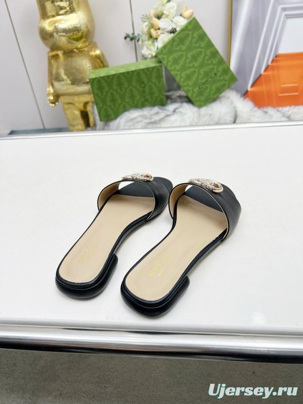 2025 Gucci Black Leather Slippers Double G Buckle MJ00190