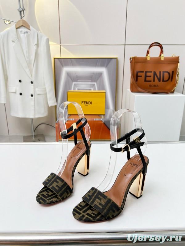 2025 Women Fendi Brown Black Leather Fabric High Heel Sandals