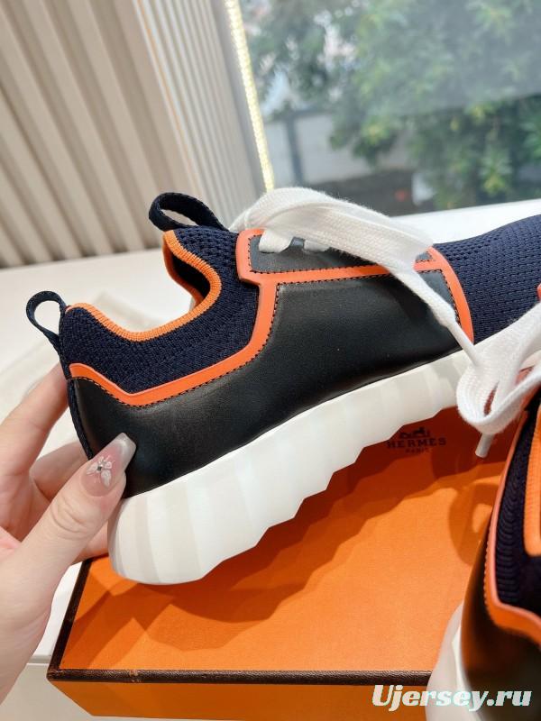 2024 Unisex Hermès navy orange knit leather sneakers