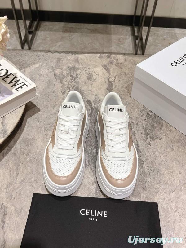 2025 Women Celine Beige White Leather Platform Sneakers