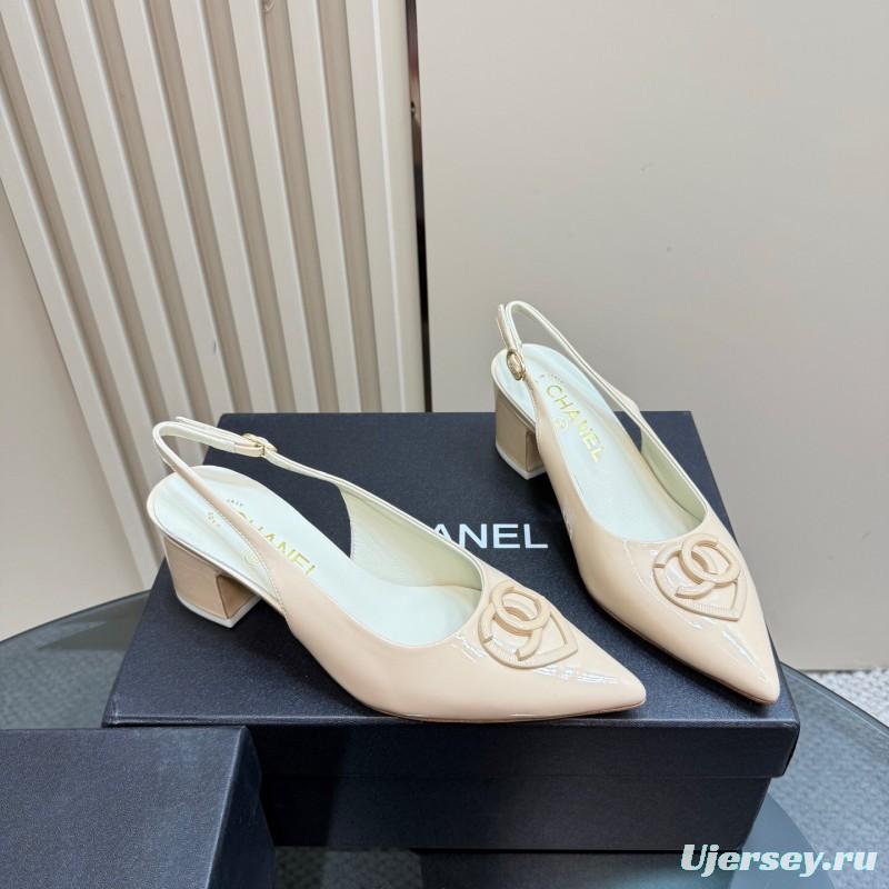 2025 Women Chanel Beige Patent Leather Slingback Heels