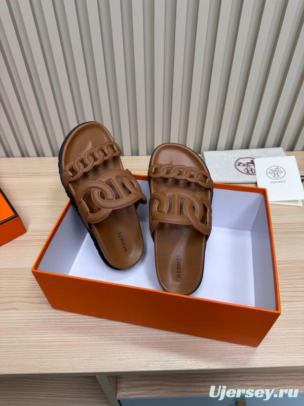 2025 Women Hermès Brown Leather Slippers KFY00260