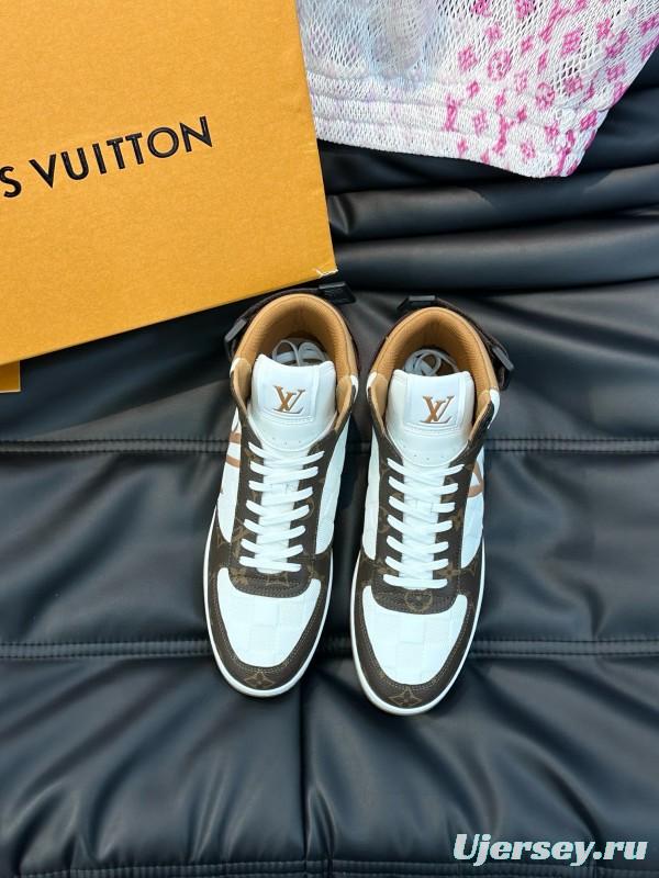 2024 Men Louis Vuitton White Brown Leather High Top Sneakers MJ00420