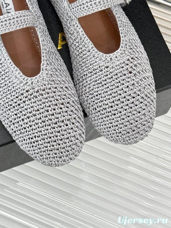 2025 Women AlAIA White Grey Knit Mary Jane Ballet Flat