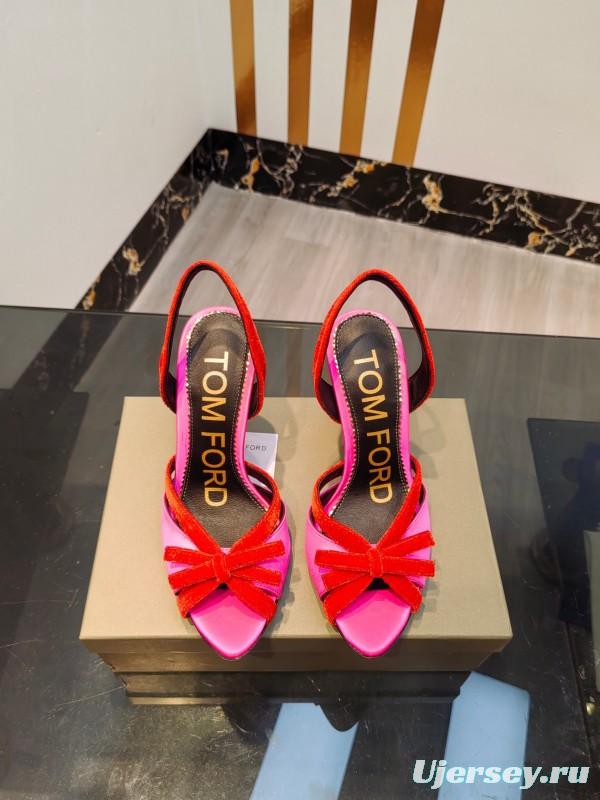 2025 Women TOM FORD Pink Red Velvet Silk High Heel Open Back Sandals