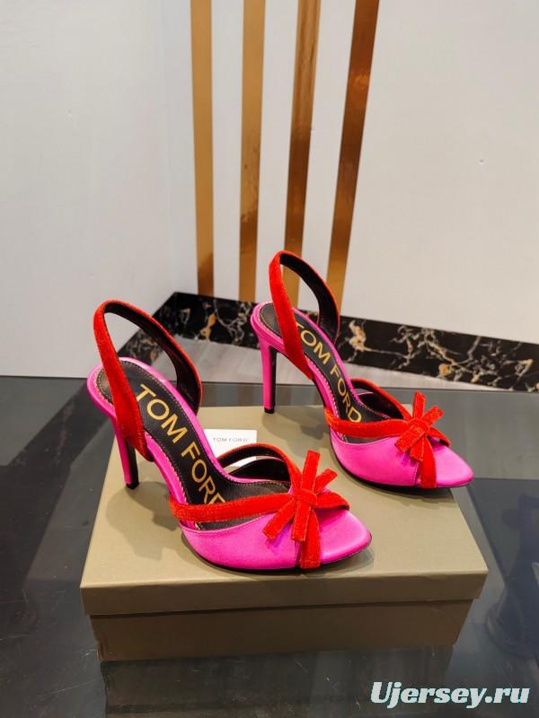2025 Women TOM FORD Pink Red Velvet Silk High Heel Open Back Sandals