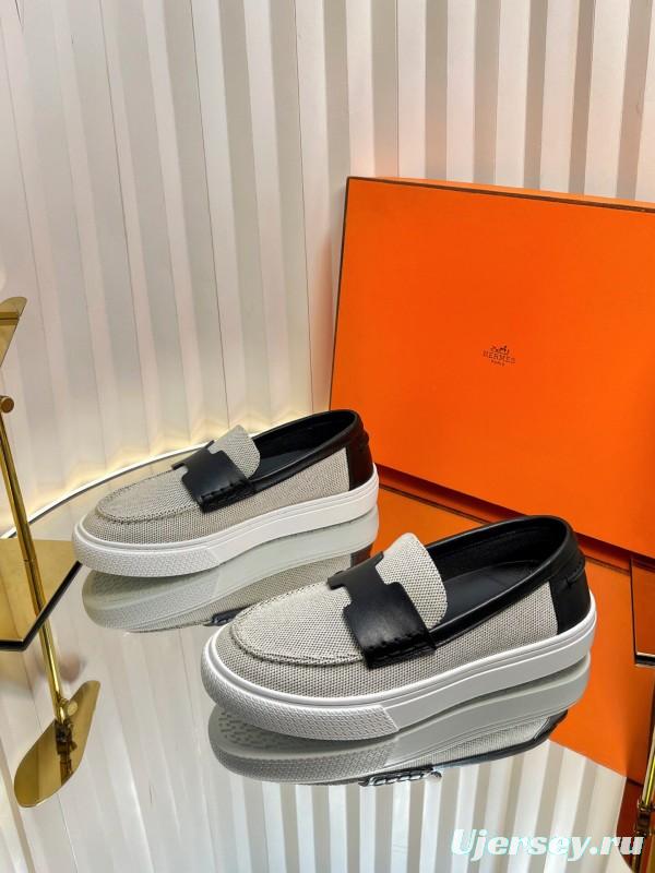 2025 Unisex Hermès Black White Leather Fabric Loafers LY00310(F)/LY00320(M)