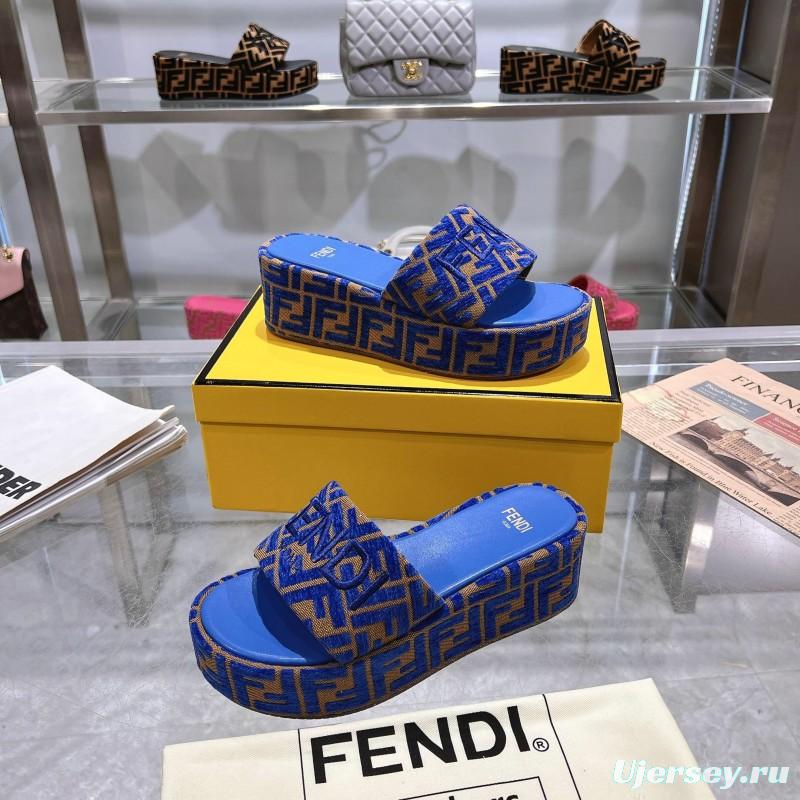 2025 Slippers Fendi Blue Brown Fabric FF Jacquard Platform