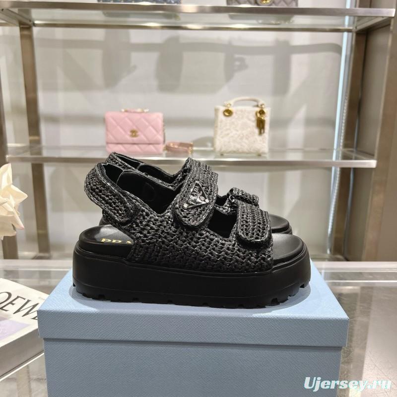 2025 Women Prada Black Woven Leather Sandals LY