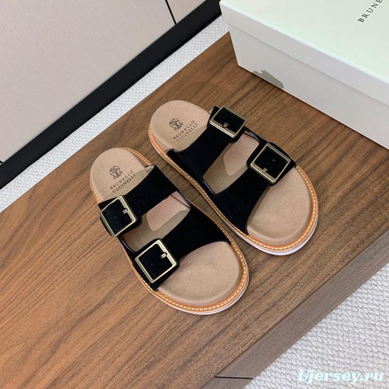 2025 Unisex Brunello Cucinelli Black Suede Leather Slippers KFY00250