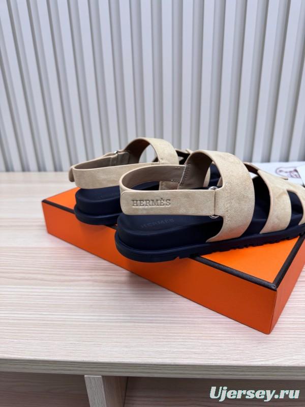 2025 Slippers Hermès Beige Black Suede Leather Sandals