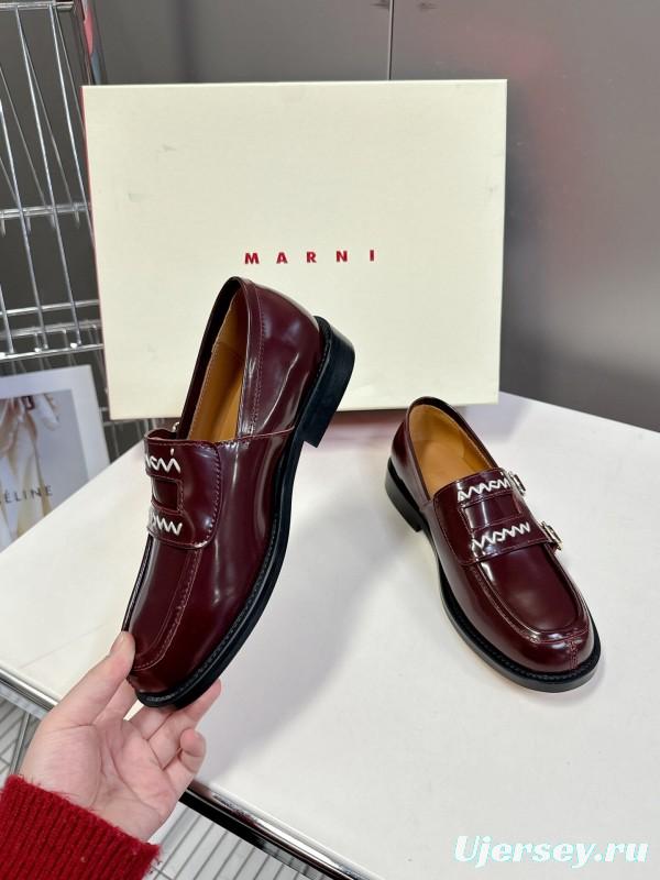2025 Women Marni Burgundy Leather Loafers KFY00320