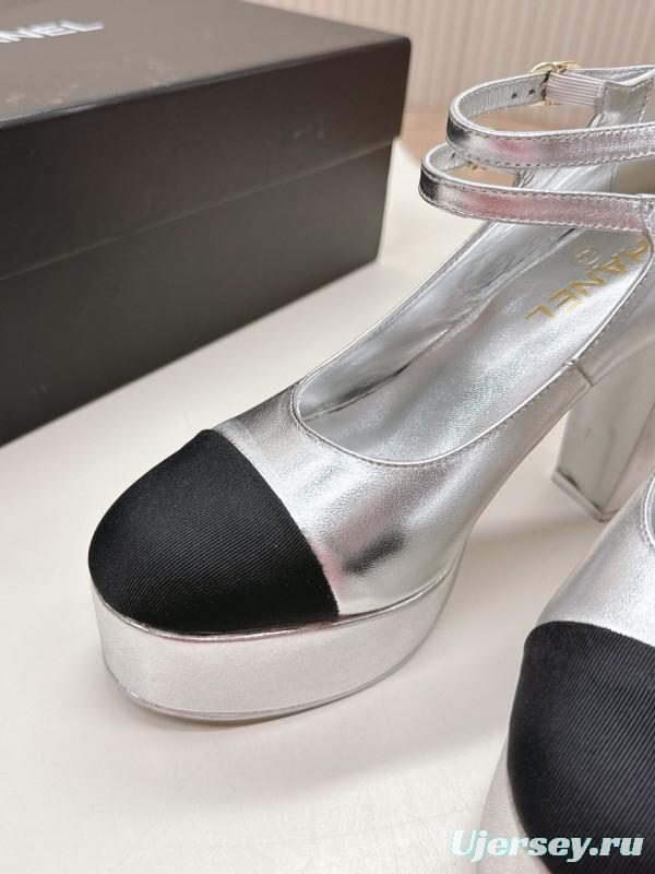 2025 Women Chanel Silver Black Leather Mary Jane Platform Heels